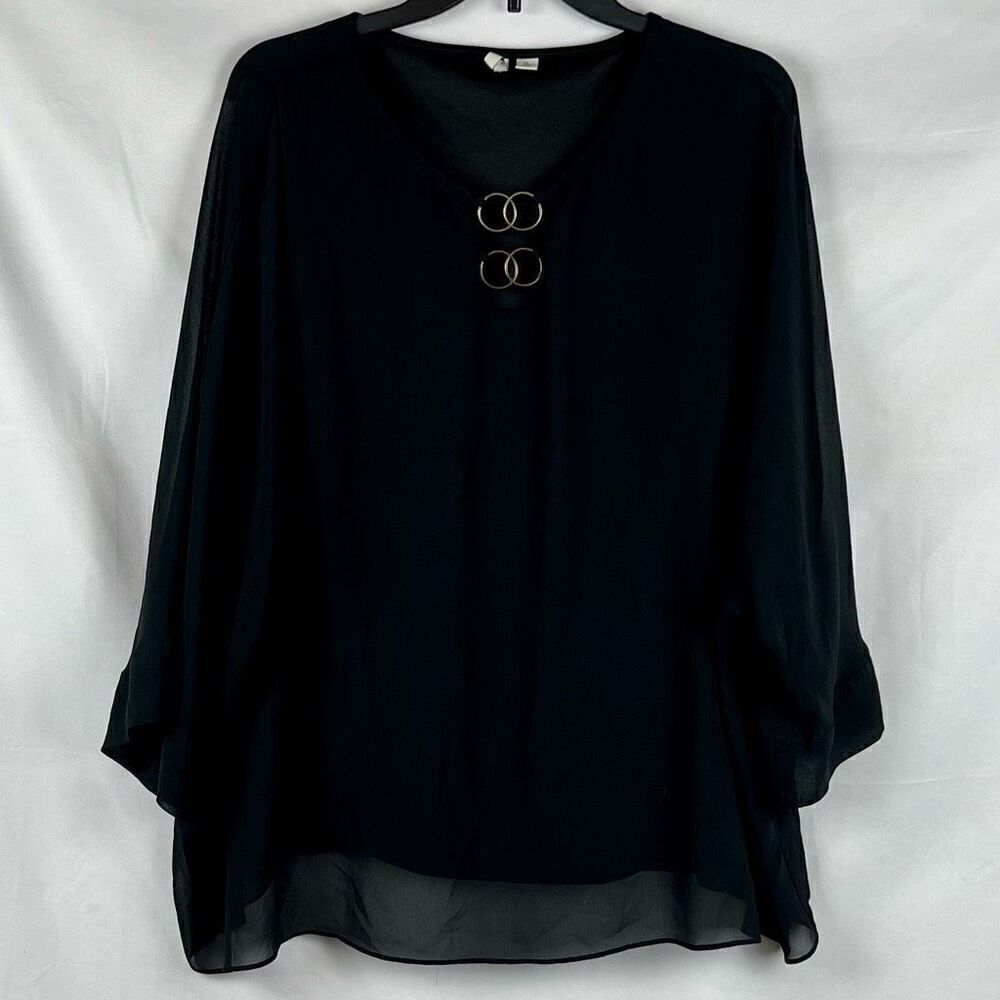 EST. 1946 Black Flowy Blouse Gold Ring Accents XL